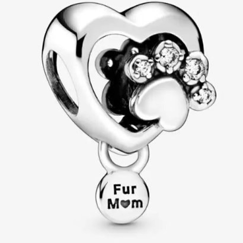 Sterling Silver Sparkling Paw Print & Heart Charm Fits Original Bracelet
